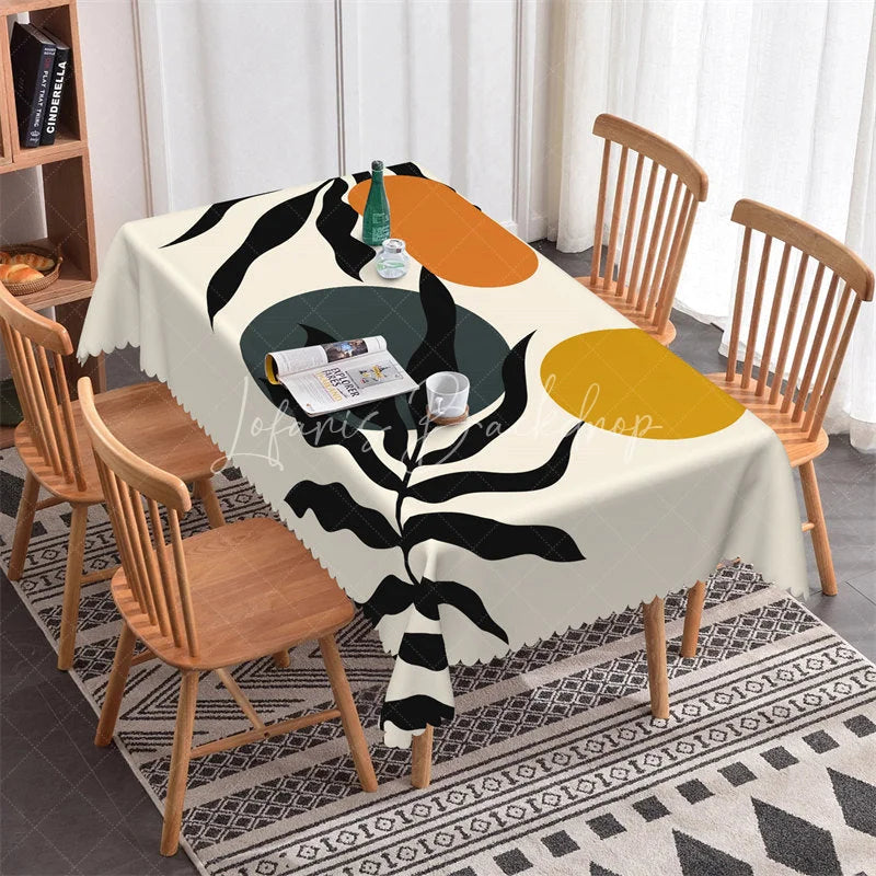 Lofaris Modern Abstract Botanical Leaf Rectangle Tablecloth with Organic Shapes Black Yellow Teal Dining Decor