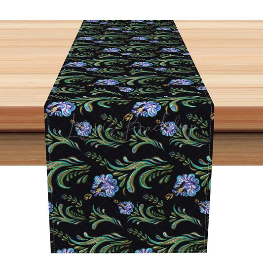 Lofaris Modern Abstract Floral Table Runner with Black and Green Leaves for Elegant Botanical Dining Room Decor