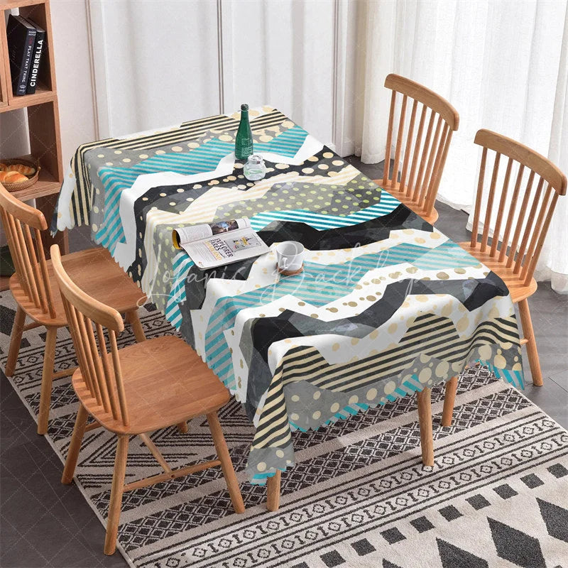 Lofaris Modern Abstract Geometric Patchwork Rectangle Tablecloth with Zigzag Stripes and Polka Dots Design