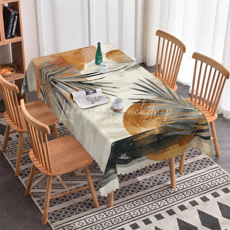 Lofaris Modern Abstract Geometric Rectangle Tablecloth with Earthy Tones and Palm Leaves Dining Room Decor