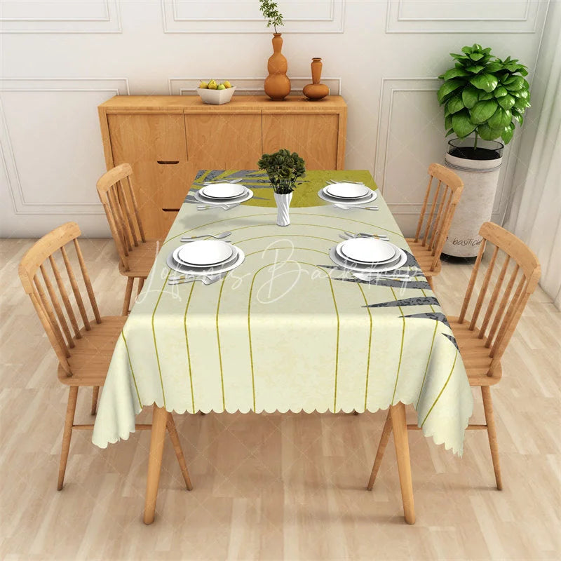 Lofaris Modern Abstract Light Yellow and Olive Green Arch Pattern Rectangle Tablecloth Scalloped Edge Dining Kitchen Decor