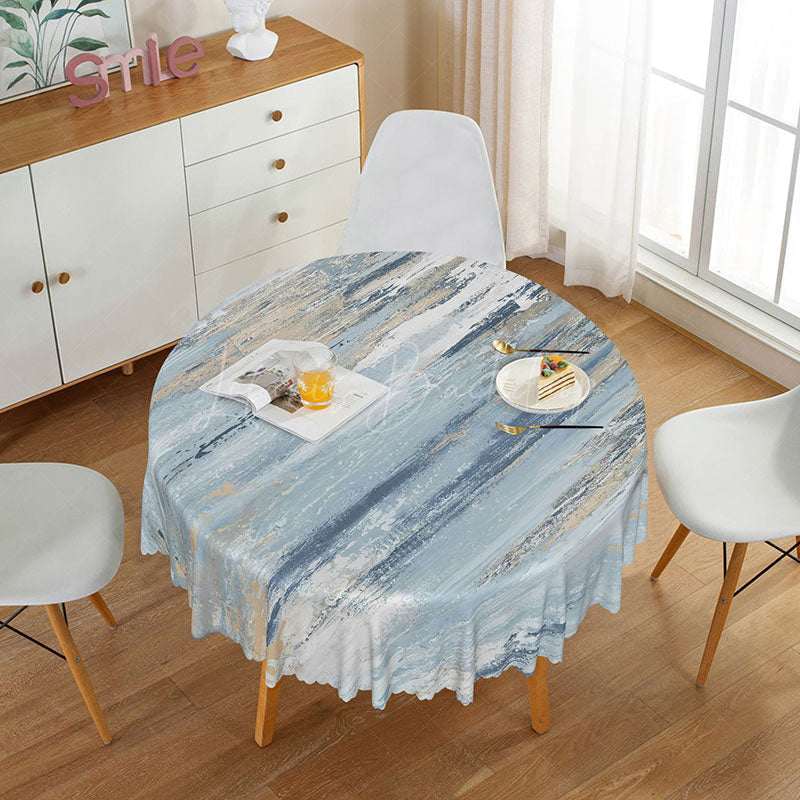 Lofaris Modern Abstract Round Tablecloth in Blue Gold and White for Contemporary Elegant Dining Decor