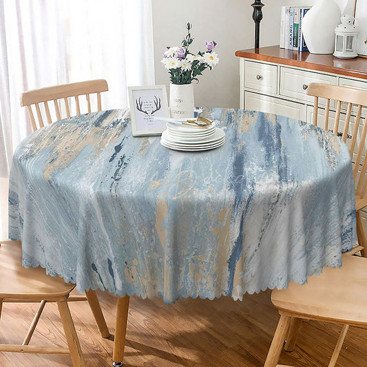 Lofaris Modern Abstract Round Tablecloth in Blue Gold and White for Contemporary Elegant Dining Decor