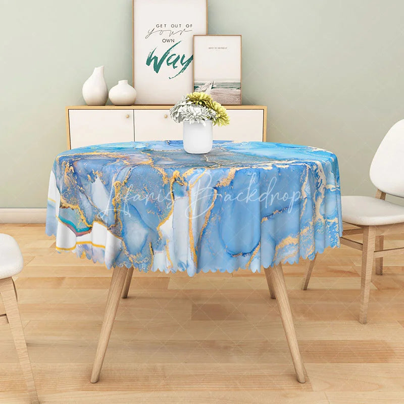 Lofaris Modern Abstract Round Tablecloth with Blue and Gold Marble Swirl for Elegant Luxury Dining Decor