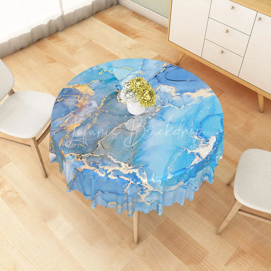 Lofaris Modern Abstract Round Tablecloth with Blue and Gold Marble Swirl for Elegant Luxury Dining Decor