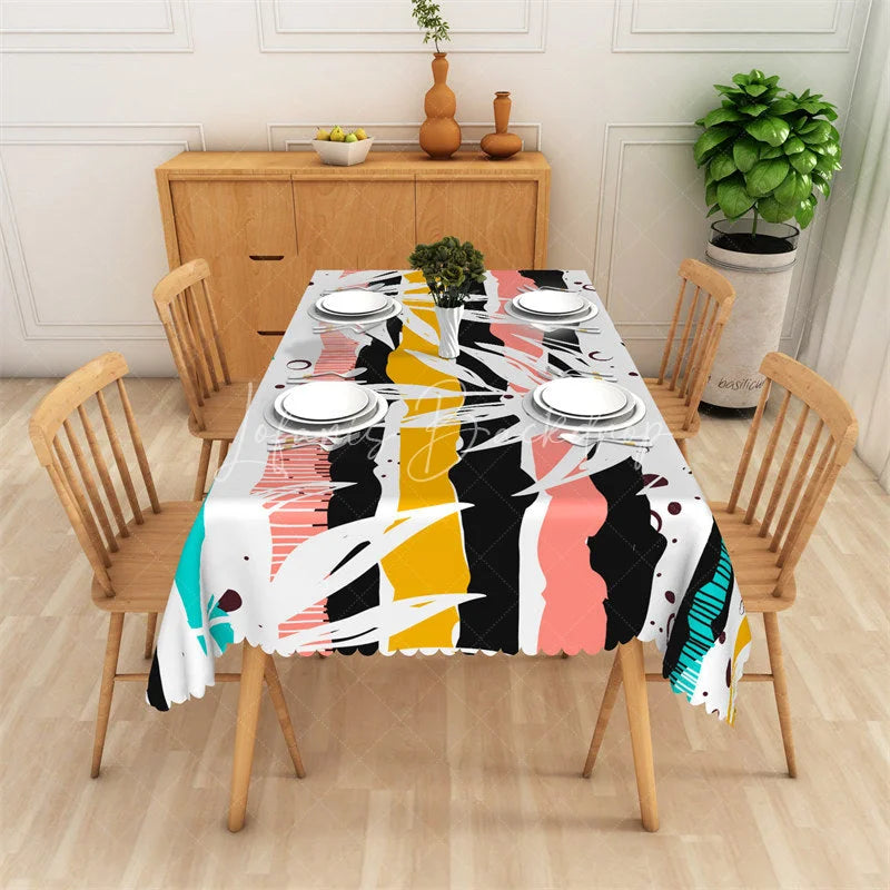 Lofaris Modern Abstract Striped Rectangle Tablecloth with Tropical Leaves Multi-Color Bohemian Party Decor