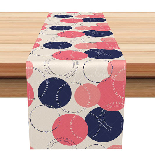 Lofaris Modern Abstract Table Runner with Pink and Navy Circle Pattern for Contemporary Dining Room Decor
