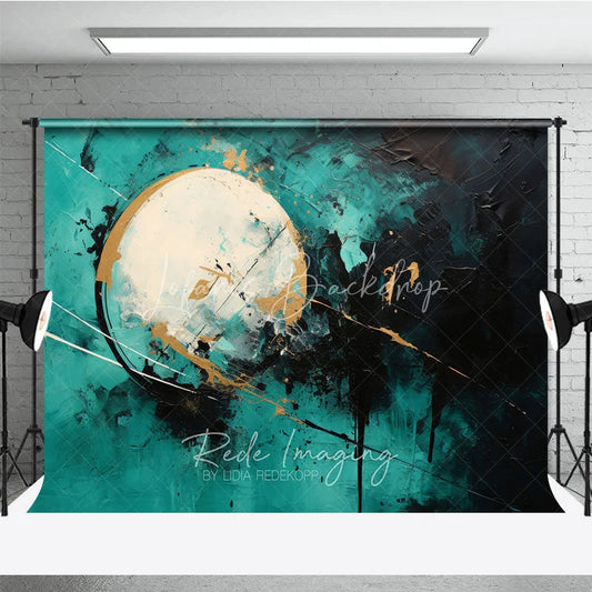 Lofaris Modern Abstract Textured Photography Backdrop with Teal Black and Gold Paint Splatters Artistic Circle Design