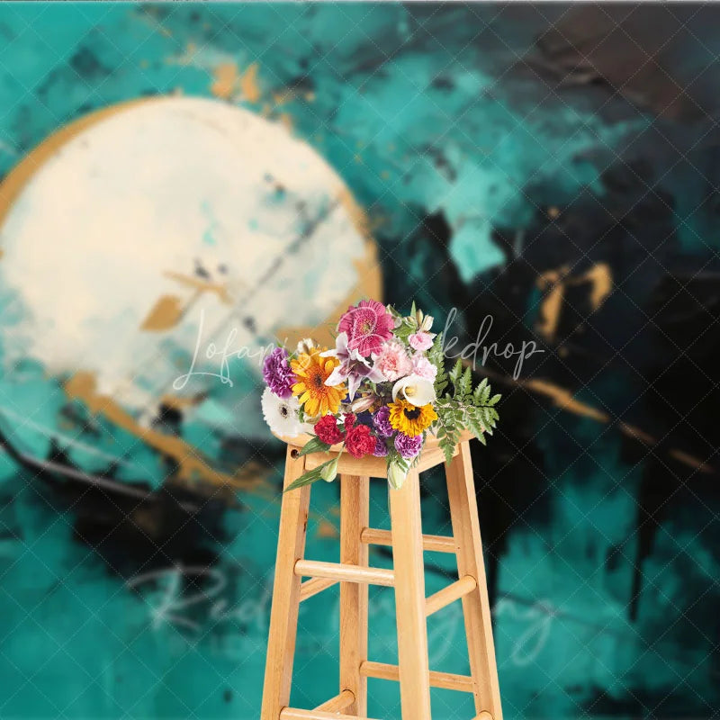 Lofaris Modern Abstract Textured Photography Backdrop with Teal Black and Gold Paint Splatters Artistic Circle Design
