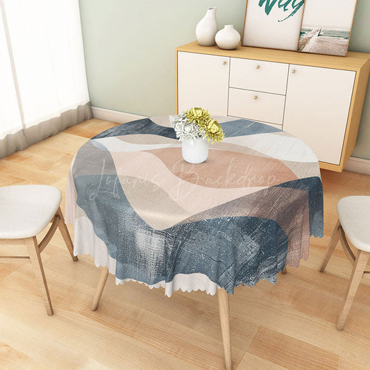Lofaris Modern Abstract Wave Round Tablecloth in Beige Brown and Gray for Neutral Earthy Decor