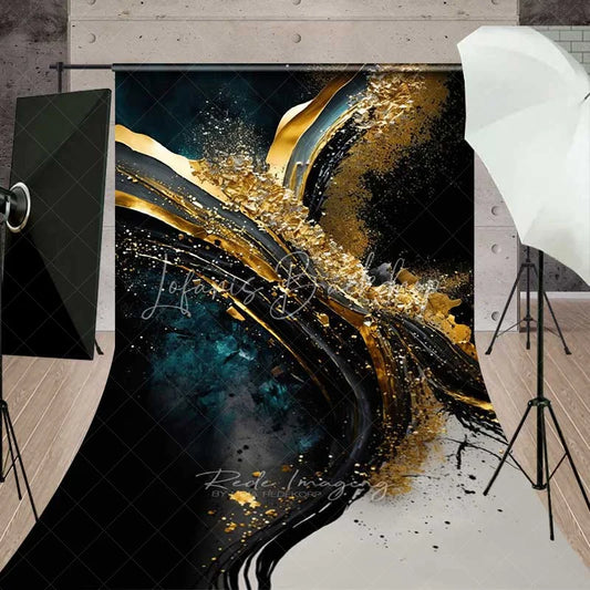 Lofaris Modern Black and Gold Foil Abstract Backdrop Teal Textures Energetic Fluid Art Background