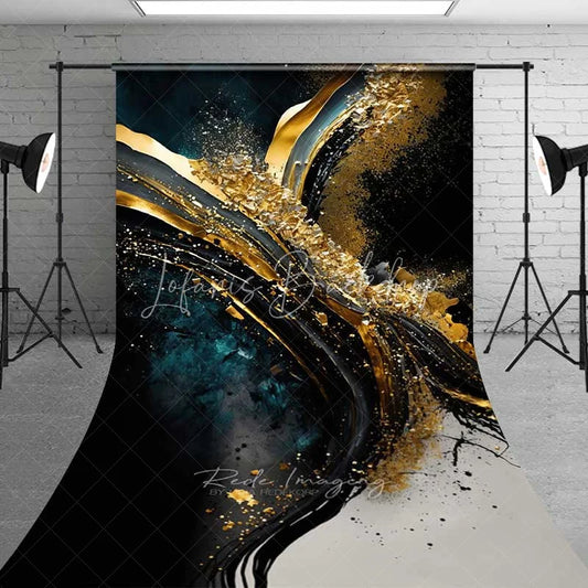 Lofaris Modern Black and Gold Foil Abstract Backdrop Teal Textures Energetic Fluid Art Background