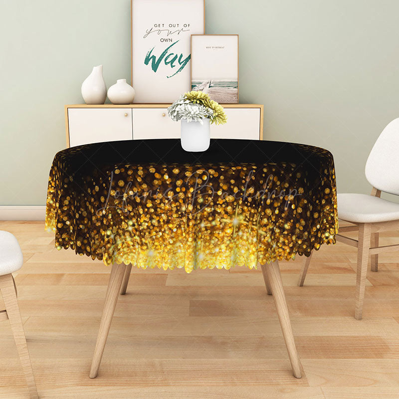 Lofaris Modern Black and Gold Polka Dot Round Tablecloth for Elegant Birthday New Year’s or Graduation Party