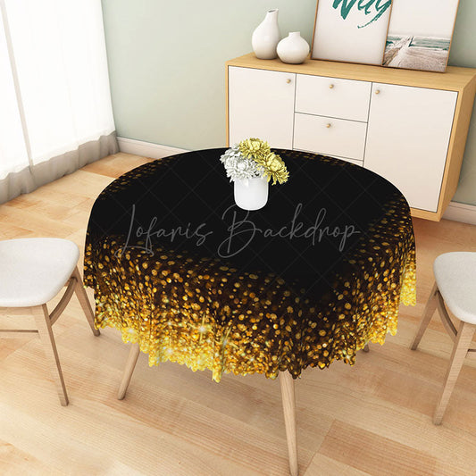 Lofaris Modern Black and Gold Polka Dot Round Tablecloth for Elegant Birthday New Year’s or Graduation Party