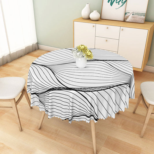 Lofaris Modern Black and White Wavy Line Round Tablecloth for Abstract Minimalist Contemporary Decor