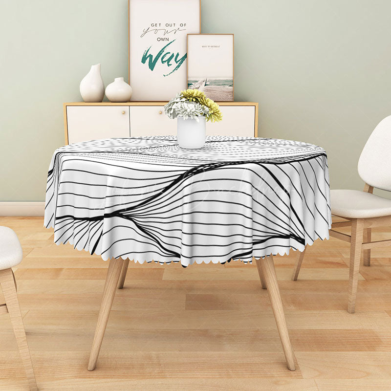Lofaris Modern Black and White Wavy Line Round Tablecloth for Abstract Minimalist Contemporary Decor