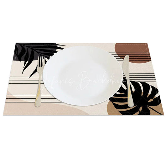 Lofaris Modern Black Leaf Stripe Geometric Set of 4 Placemats for Contemporary Botanical Dining Room Decor