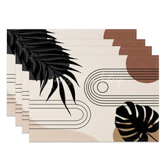 Lofaris Modern Black Leaf Stripe Geometric Set of 4 Placemats for Contemporary Botanical Dining Room Decor
