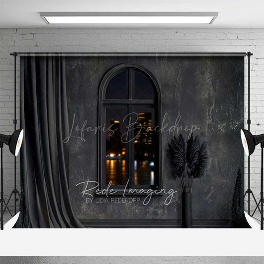 Lofaris Modern Black Room Photography Backdrop Arched Window with City Night View Dark Moody Interior Studio Photo Prop