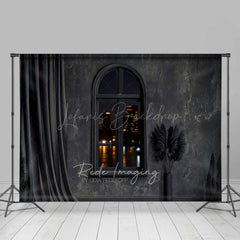 Lofaris Modern Black Room Photography Backdrop Arched Window with City Night View Dark Moody Interior Studio Photo Prop