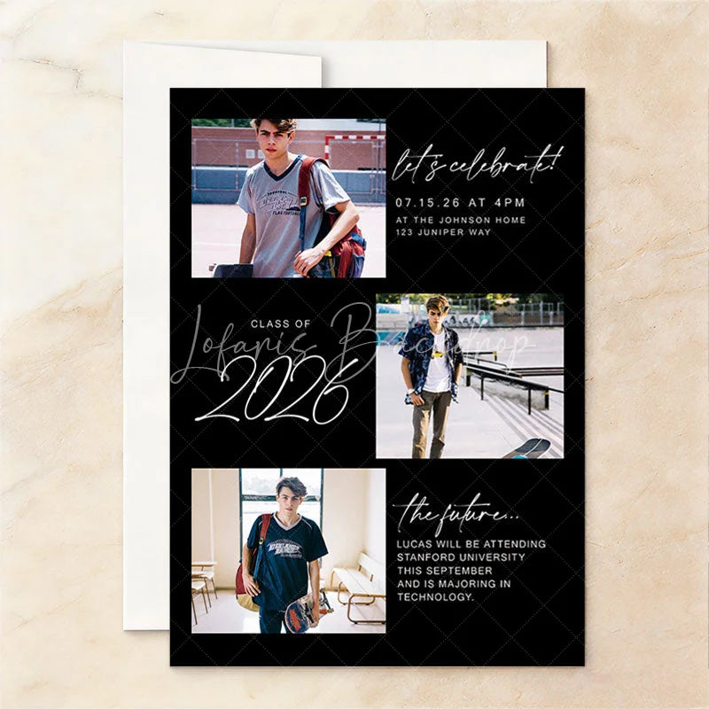 Lofaris Modern Black Set of 20 Custom Personalized Graduation Photo Collage Invitation Class 2026 Future Party