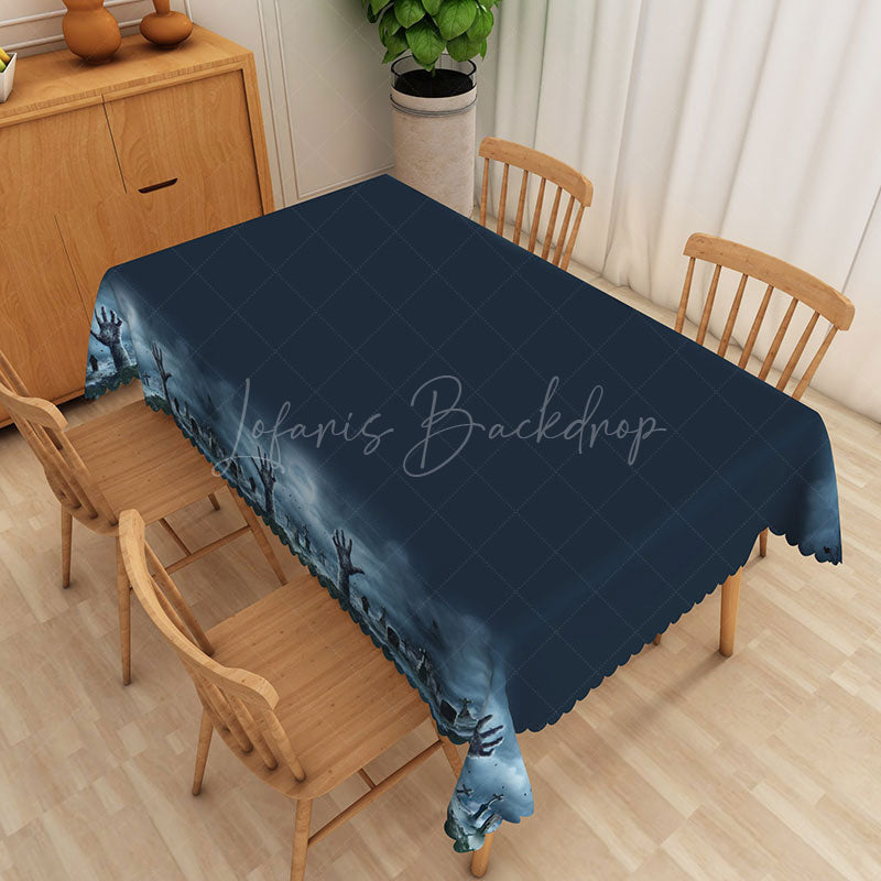 Lofaris Modern Blue and Black Rectangle Tablecloth with Faux Scalloped Edge for Abstract Contemporary Decor
