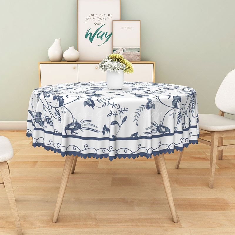 Lofaris Modern Blue and White Floral Round Tablecloth for Elegant Dining French Country Kitchen Decor