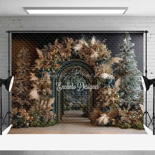 Lofaris Modern Blue Arch Christmas Backdrop Boho Pampas Grass Gold Photography Background