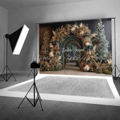 Lofaris Modern Blue Arch Christmas Backdrop Boho Pampas Grass Gold Photography Background