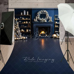 Lofaris Modern Blue Christmas Sweep Backdrop Fireplace Gold Ornaments Dark Floor Room Photo Background