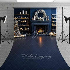 Lofaris Modern Blue Christmas Sweep Backdrop Fireplace Gold Ornaments Dark Floor Room Photo Background