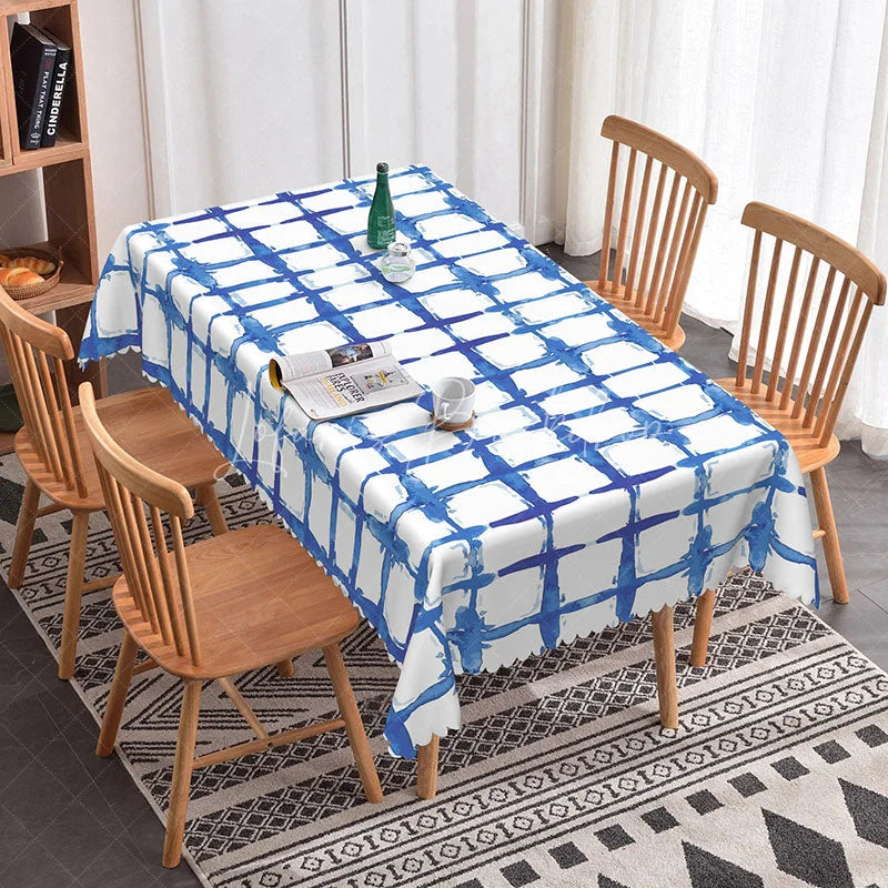 Lofaris Modern Blue Watercolor Grid Rectangle Tablecloth Abstract Brushstroke Design for Dining Kitchen Decor