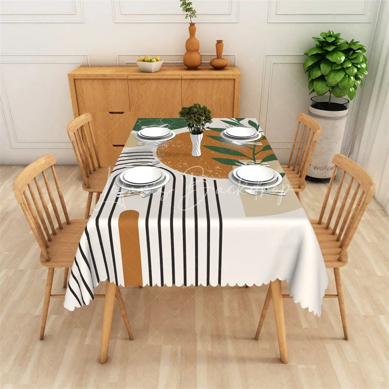 Lofaris Modern Boho Abstract Rectangle Tablecloth Geometric Black Stripes and Green Leaves Design