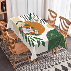 Lofaris Modern Boho Abstract Rectangle Tablecloth Geometric Black Stripes and Green Leaves Design