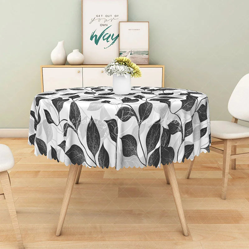 Lofaris Modern Botanical Round Tablecloth with Black and White Leaf Stripes for Minimalist Farmhouse Decor