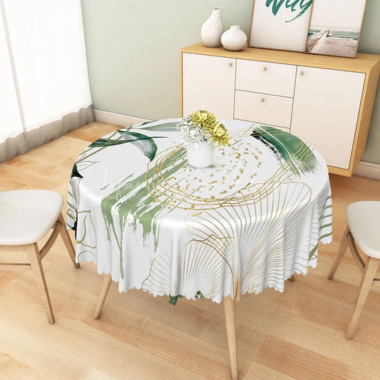 Lofaris Modern Botanical Round Tablecloth with White Green and Gold Leaves for Elegant Holiday Dining Decor