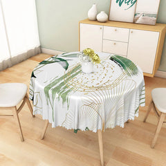 Lofaris Modern Botanical Round Tablecloth with White Green and Gold Leaves for Elegant Holiday Dining Decor