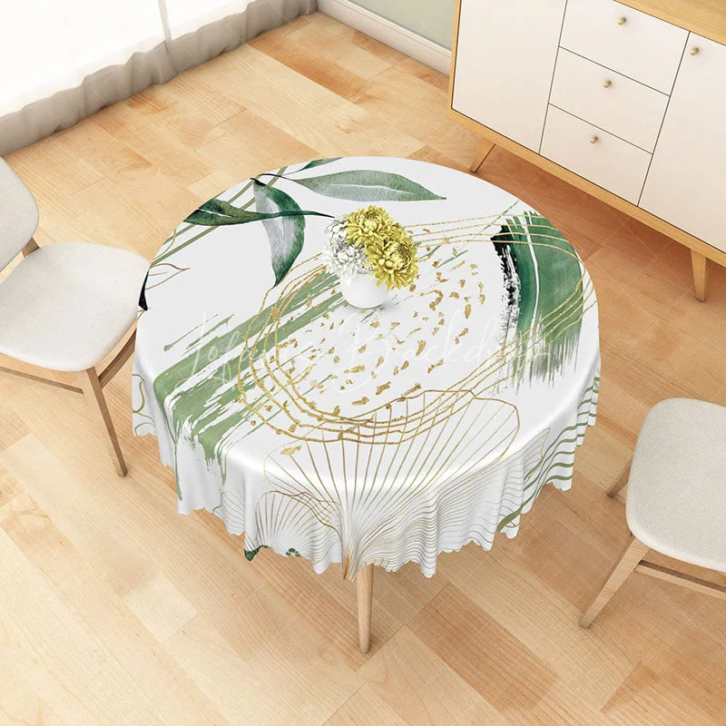 Lofaris Modern Botanical Round Tablecloth with White Green and Gold Leaves for Elegant Holiday Dining Decor