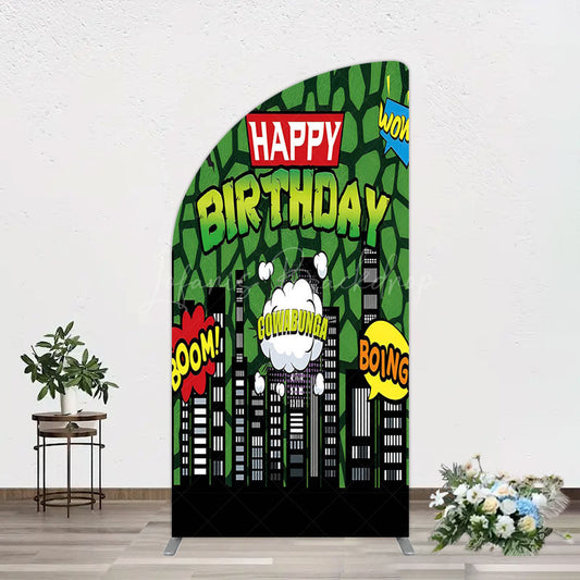 Lofaris Modern Buildings Cartoon Birthday Half Moon Arch Backdrop