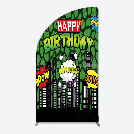Lofaris Modern Buildings Cartoon Birthday Half Moon Arch Backdrop