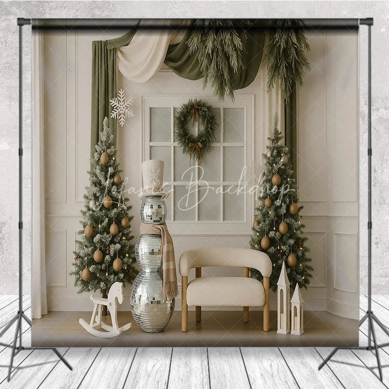Lofaris Modern Christmas Backdrop Disco Ball Snowman Green Curtain Background Chic Winter Holiday Party Photography Prop