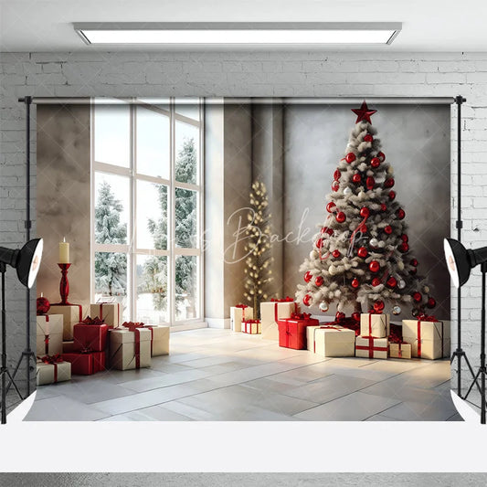 Lofaris Modern Christmas Backdrop Living Room Window Red Tree Photography Background Winter Snow View Holiday Party Decoration