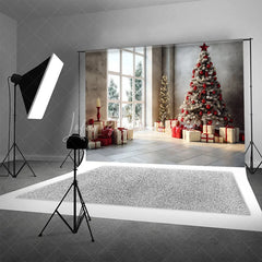 Lofaris Modern Christmas Backdrop Living Room Window Red Tree Photography Background Winter Snow View Holiday Party Decoration