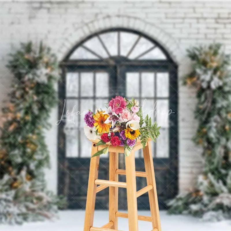 Lofaris Modern Christmas Door Backdrop Black Grid Entryway Lighted Pine Garland Snow White Brick Background