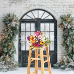 Lofaris Modern Christmas Door Backdrop Black Grid Entryway Lighted Pine Garland Snow White Brick Background