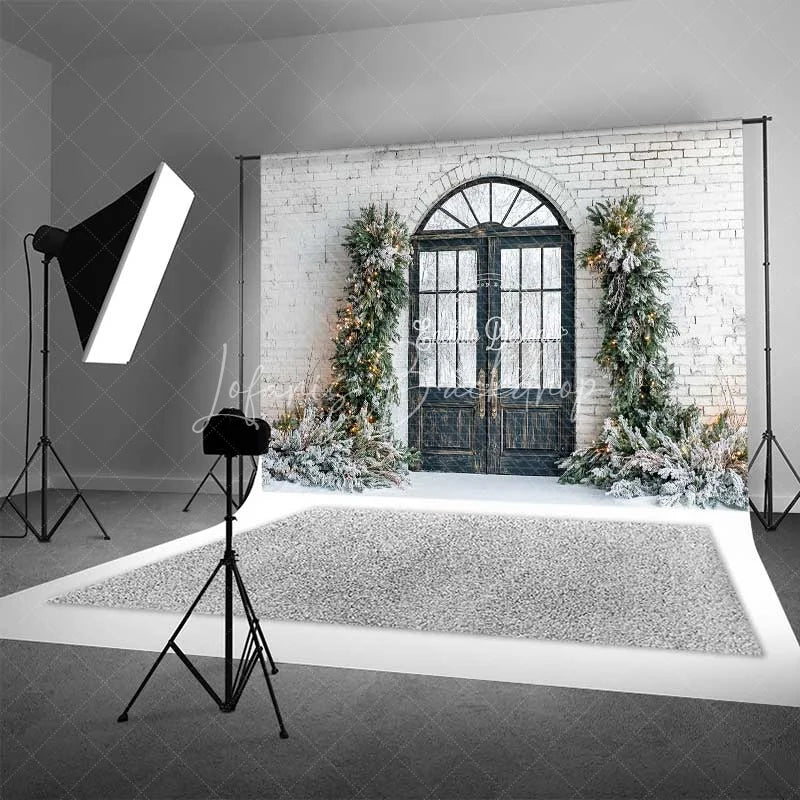 Lofaris Modern Christmas Door Backdrop Black Grid Entryway Lighted Pine Garland Snow White Brick Background