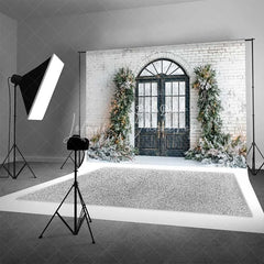 Lofaris Modern Christmas Door Backdrop Black Grid Entryway Lighted Pine Garland Snow White Brick Background