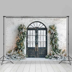 Lofaris Modern Christmas Door Backdrop Black Grid Entryway Lighted Pine Garland Snow White Brick Background