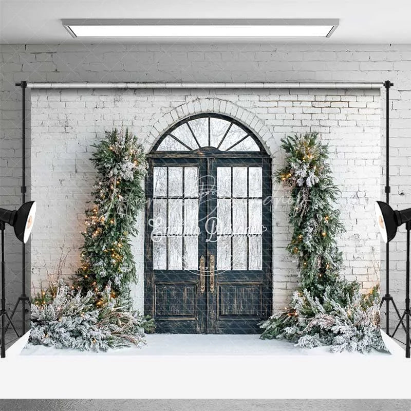 Lofaris Modern Christmas Door Backdrop Black Grid Entryway Lighted Pine Garland Snow White Brick Background