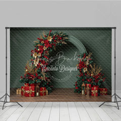 Lofaris Modern Christmas Floral Arch Photography Backdrop Red and Gold Poinsettia Half-Arch Elegant Holiday Photo Background